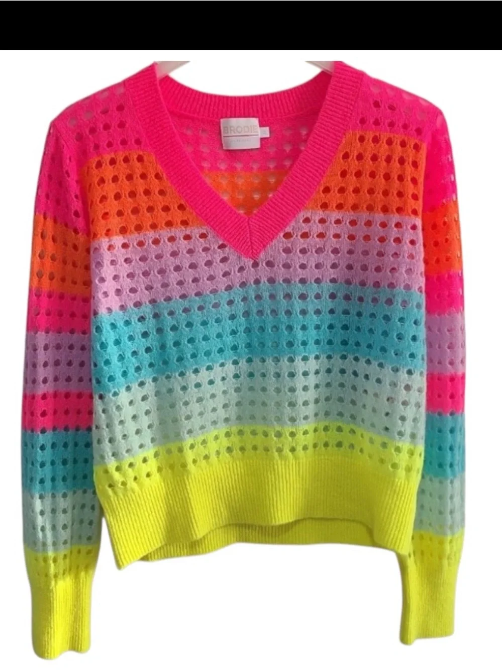 Brodie Cashmere Rainbow Stripe pointelle V Neck Sweater - Picture 8 of 8